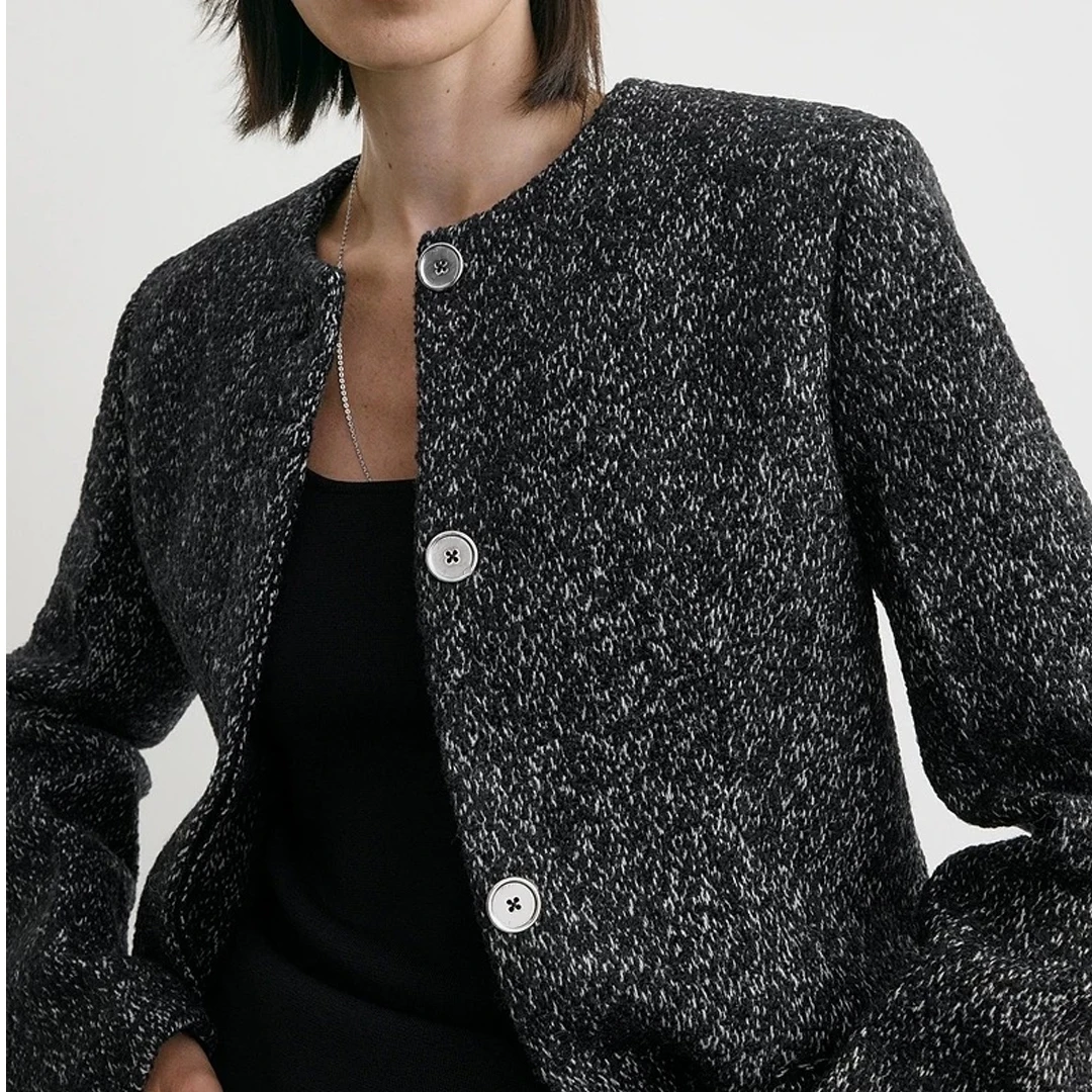 معطف خصر جديد لخريف وشتاء 2025 بسيط وخفيف وفاخر وأنيق من مزيج الصوف برقبة دائرية #6