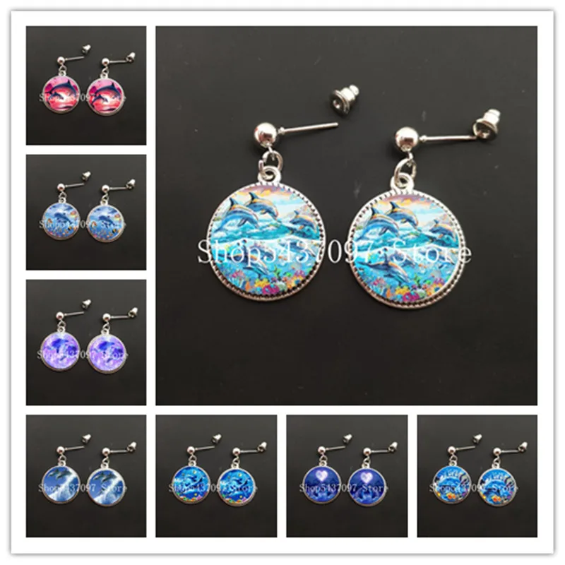 Модные-милые-серьги-дельфин-кабошон-Стеклянные-Подвесные-серьги-морской-мир-ювелирные-изделия-серьги-для-девочек-ювелирные-изделия-подарки