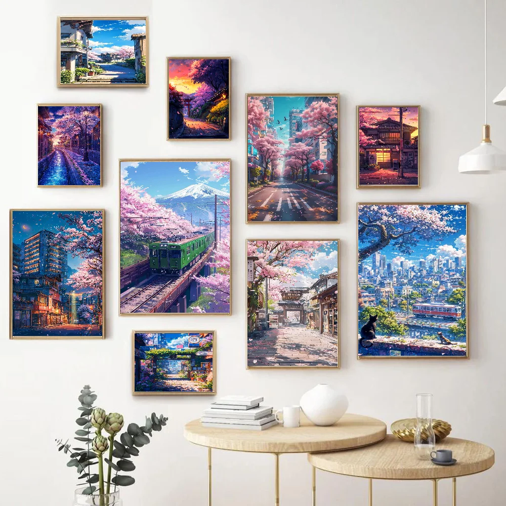 

Japanese Street Scenery Sakura Architecture Whitepaper Poster Waterproof Paper Sticker Coffee House Bar Aesthetic Art