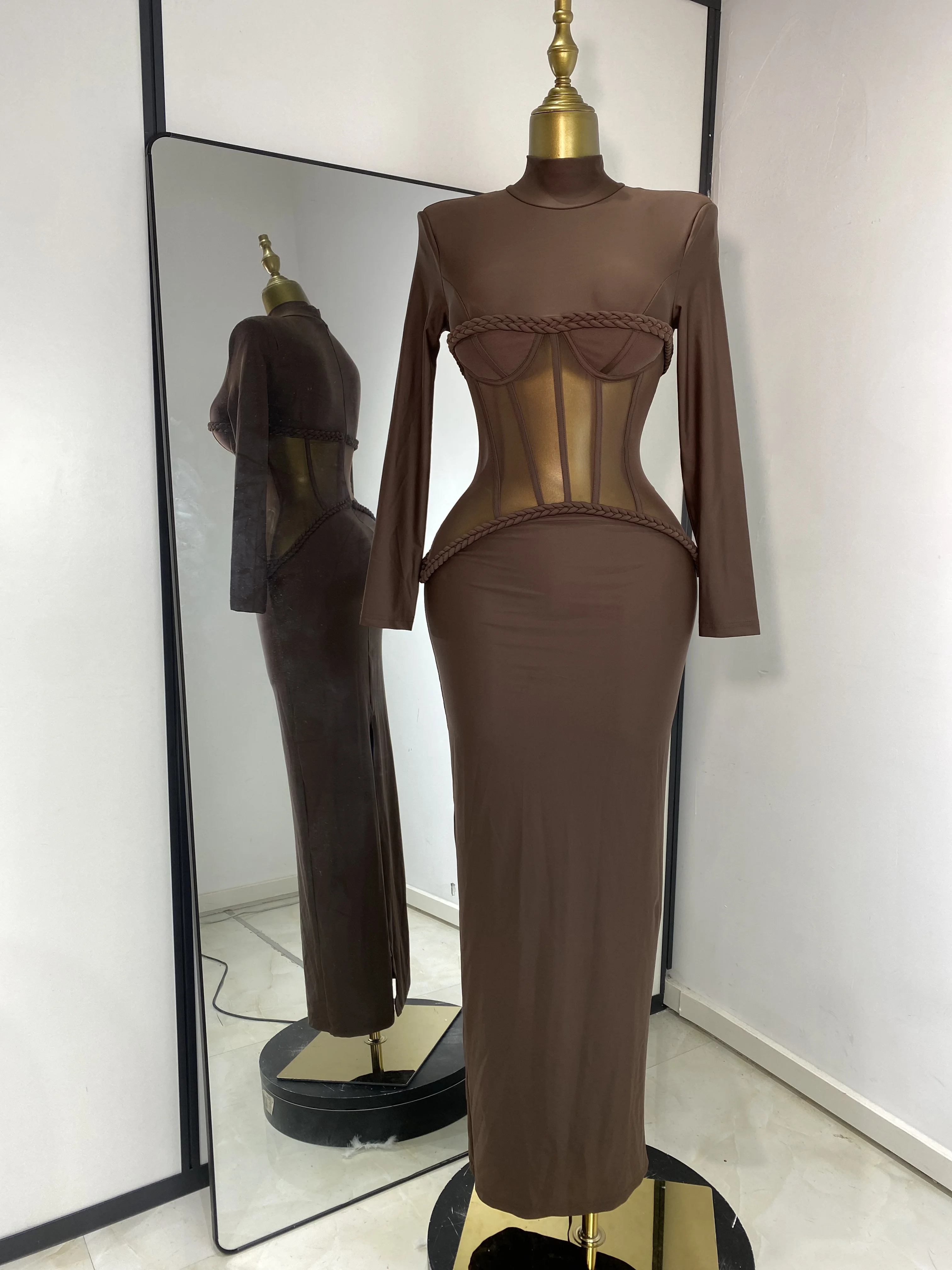 

Новинка 2023 года, коричневое платье, мягкая и удобная водолазка с длинными рукавами, тюлевая вставка, длинное вечернее платье знаменитостей для гостей