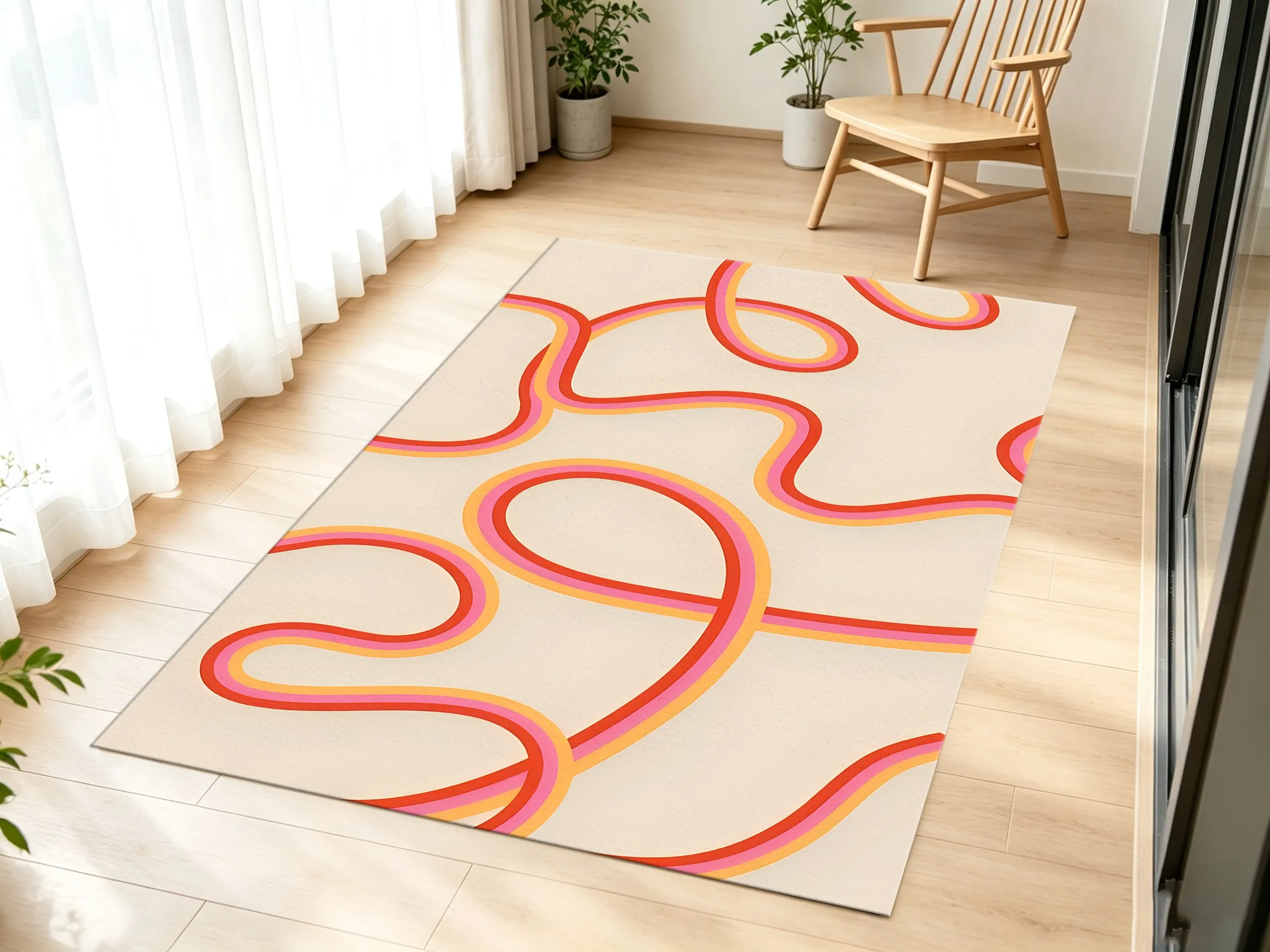 Pink, Orange, and Red Color Blocking with Soft Curves Creates a Sweet and Playful Atmosphere Perfect for Valentine's Day Suitable for Bedrooms, Nightstands, Living Rooms, and Entryways. A Vibrant and Energetic Velvet Rug.