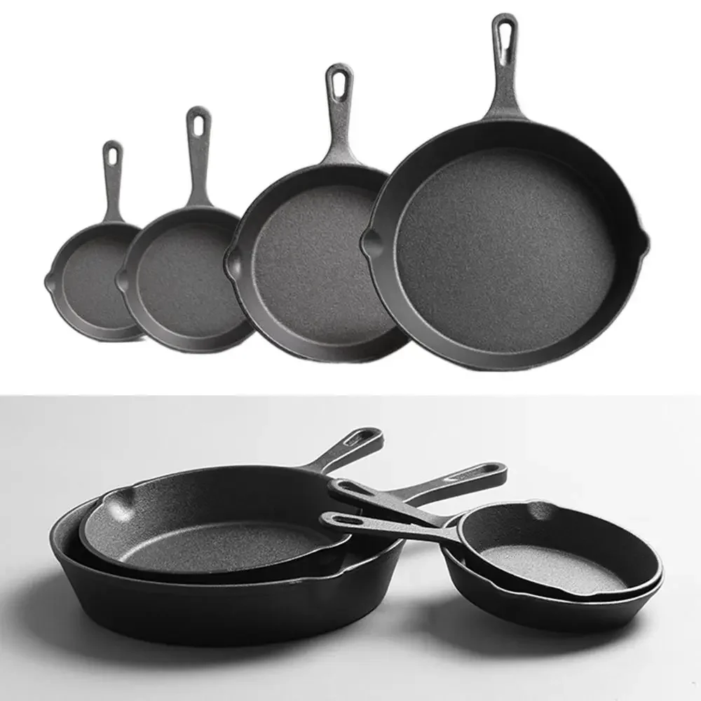 26cm/10.24in Uncoated Nonstick Frying Pan Multi-size Cast Iron Omelette Skillet Signature Teardrop Handle Double Drip-Spouts