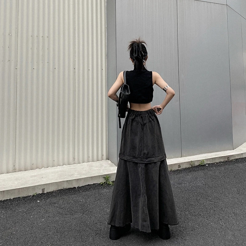 아메리칸 빈티지 롱 데님 스커트 여성 포켓 디자인 하이웨이스트 A라인 스커트 청 스커트 워싱 탈부착 데님 스커트 여성용