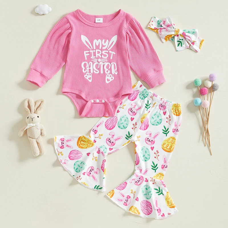 

Baby Girls Easter Dress Sets Short Sleeve Round Neck Bunny Print Dress Bunny Ear Headband Sets Easter Outfit Sets