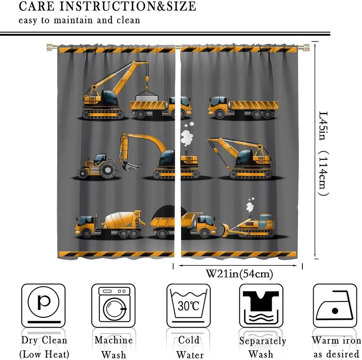 Cute Cartoon Construction Machinery Blackout Curtain 2 Panels Excavator Dump Crane Print Window Drape Industrial Kids Living