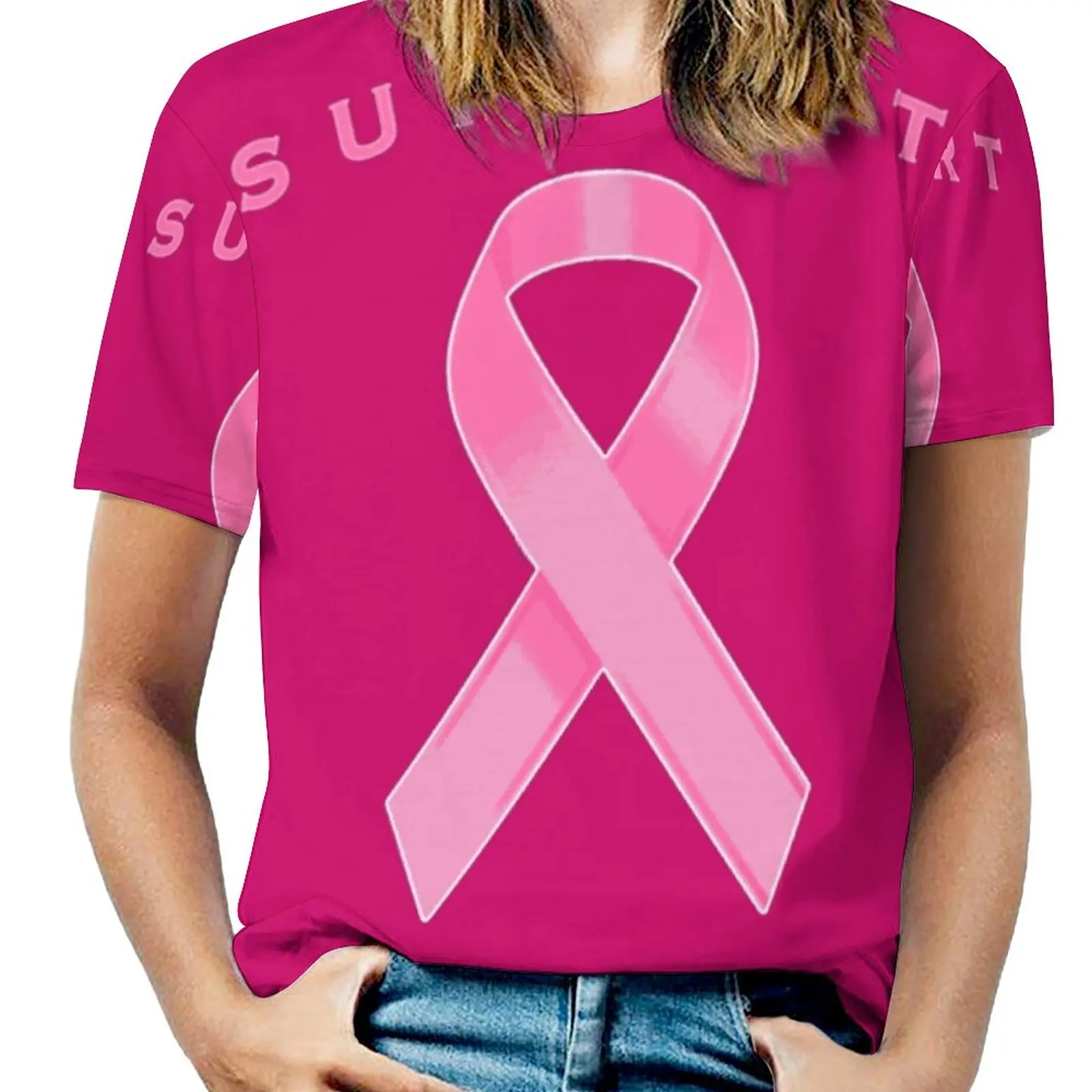 Pink Awareness Ribbon Of Support Woman'S T-Shirt Spring And Summer Printed T Shirts Crew Neck Pullover Top Pink Awareness