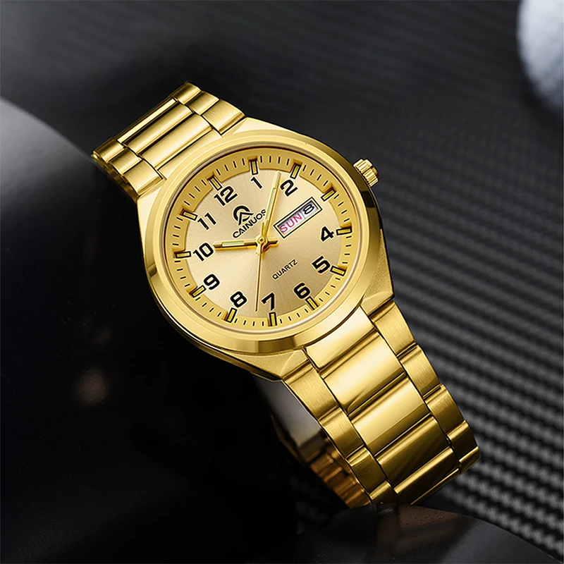 고급 스테인리스 스틸 쿼츠 시계 남녀공용 야광 방수 주간 날짜 기능 패션 드레스 손목시계 선물