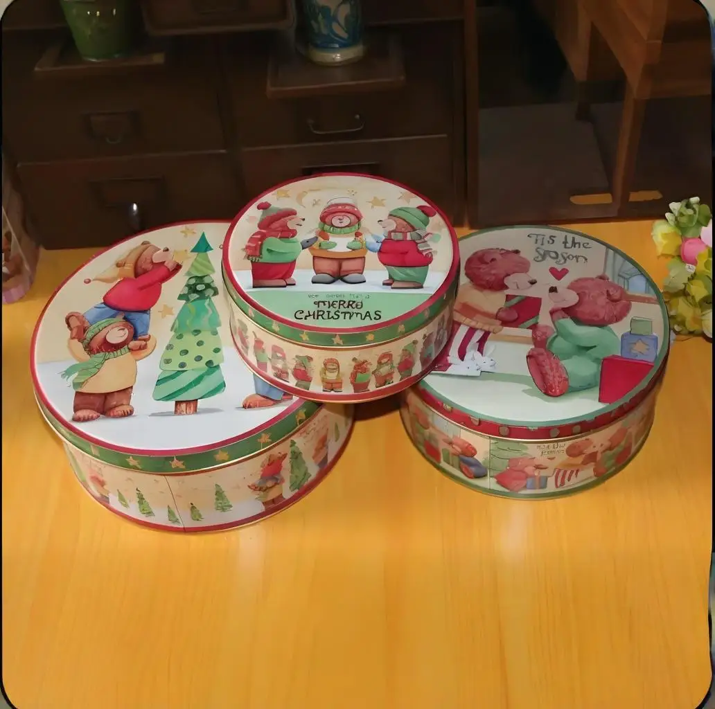 3 قطع معدنية الخبز البسكويت صندوق تخزين جولة صغيرة الدب القصدير حالة كامل اللون طباعة عيد الميلاد حزب هدية آخر 4 مجموعات التخليص!