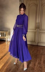 Simple High Neck A-Line Evening Dresses Long Sleeve A-line Gowns Pleats Sweep Train Vestidos De Novias 2024 prom dresses