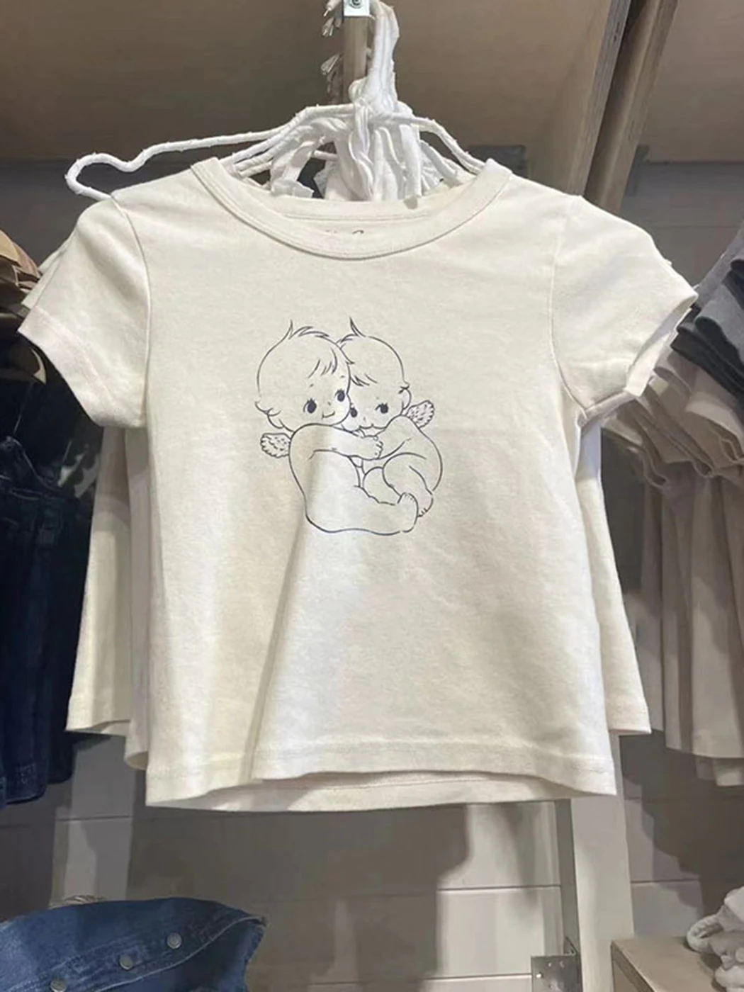 Angel Print Slim Crop Top Women Summer Casual Short Sleeve Round Neck Cotton T-shirts Female Vintage Streetwear Sweet Tops 2024