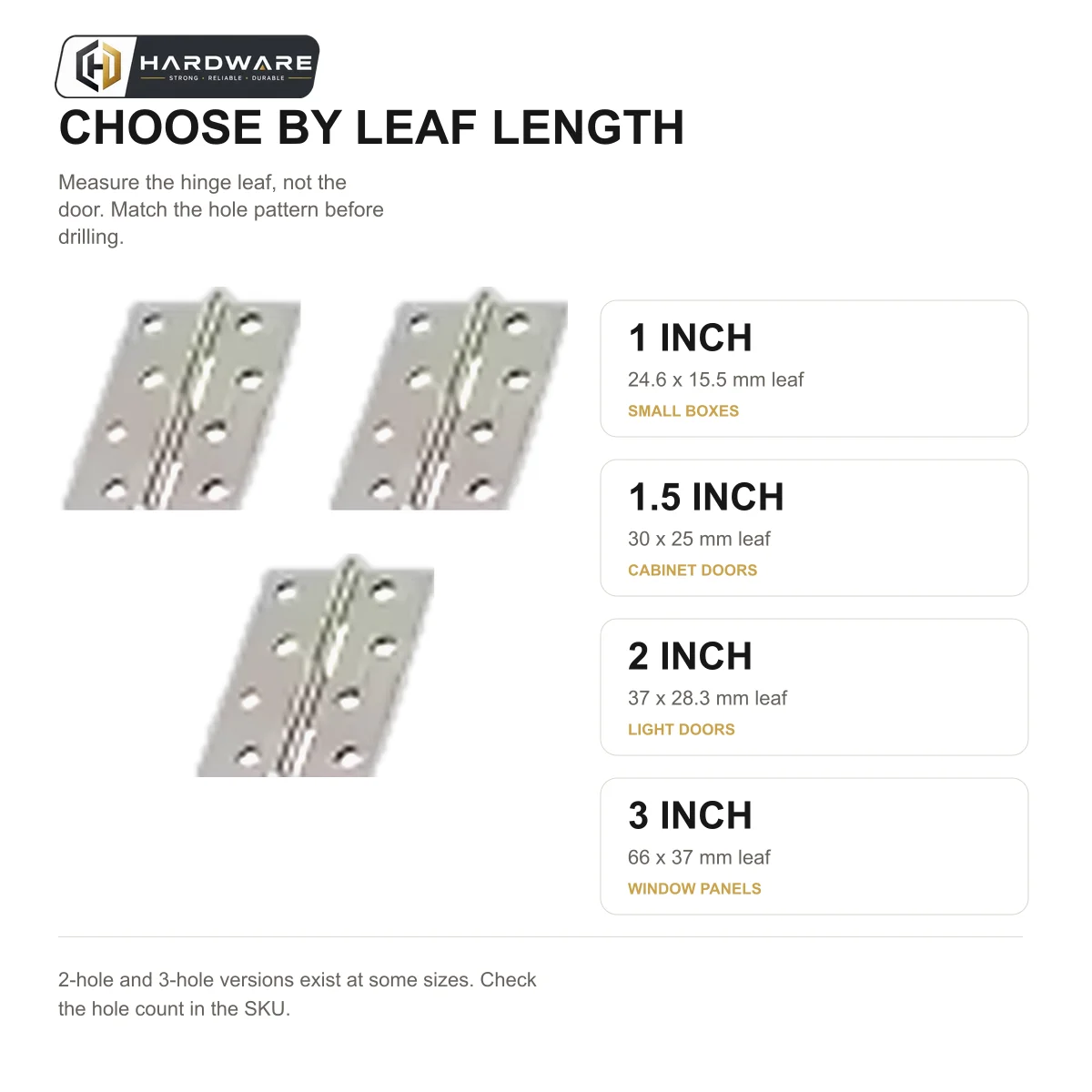 3Pcs Stainless Steel Door Hinge 1 1.5 2 2.5 3 Inch Cabinet Window Furniture Butt Hinge 2/3 Hole