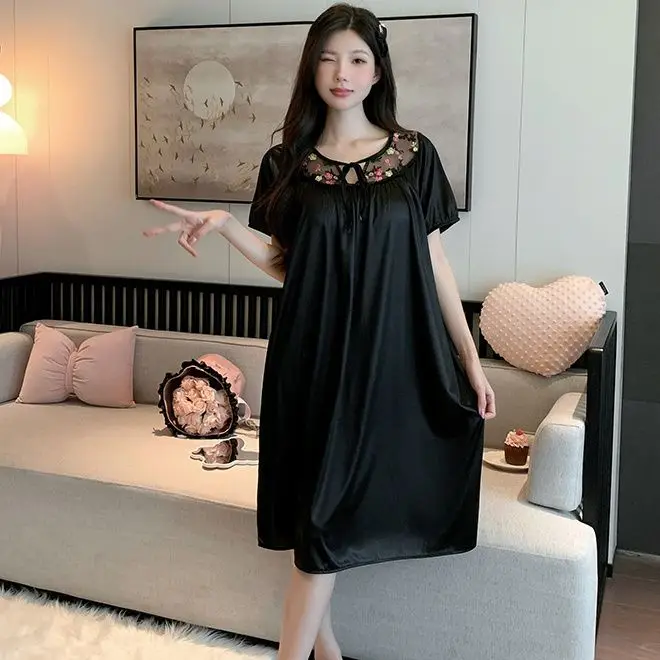 

Лето 2025 года, сексуальные кружевные шелковые атласные ночные рубашки с короткими рукавами для женщин, корейская милая тонкая одежда для сна, ночная рубашка, ночное платье, домашняя ночная рубашка