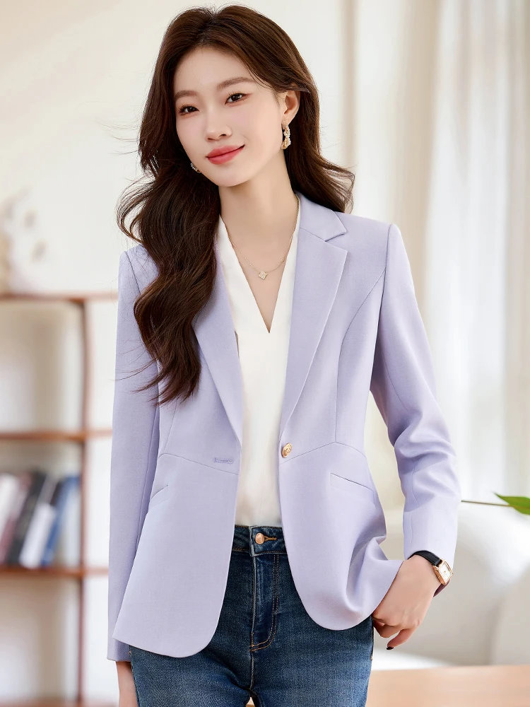 Light Purple Women's Suit Jacket Waist-Cinching Fashionable Casual Workwear Long Sleeve Button Detail Polyester Blend
