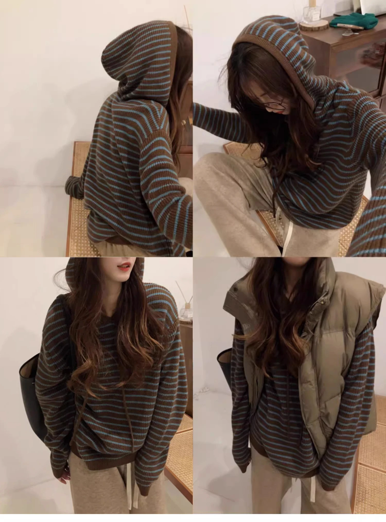 Autumn Winter Women's Vintage Knitted Hat Coat Soft Cozy Loose Fit Striped Hoodie Sweater Outerwear Trendy Commute Style Long...