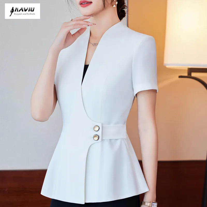 NAVIU Elegant White Blazer Slim Fashion Summer Professional Business Women Work Jacket Office Ladies Coat Tops Outfit