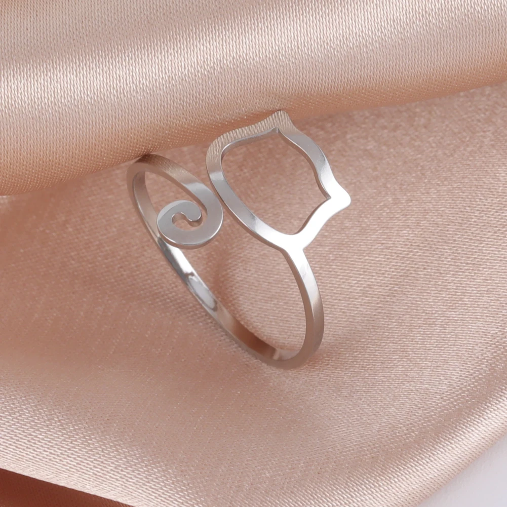 Aesthetic Lovely Lying Cat Hollow Rings Stainless Steel Cute Kitty Tail Finger Accessories Jewelry Gold Color Ring for GIft