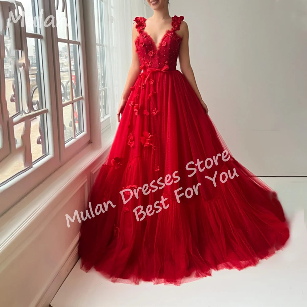 

Customized Elegant 3D Flowers Red Prom Dresses for Special Occasions V-Neck Floor-Length Woman Evening Party Gala Dress 2025