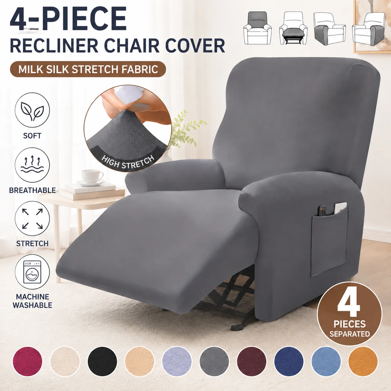 Funda de Sillón Reclinable de Seda Láctea de 4 Piezas, Funda Elástica Suave para Sofá Chivas, Protector de Sillón Reclinable Lavable con Bolsillo Lateral