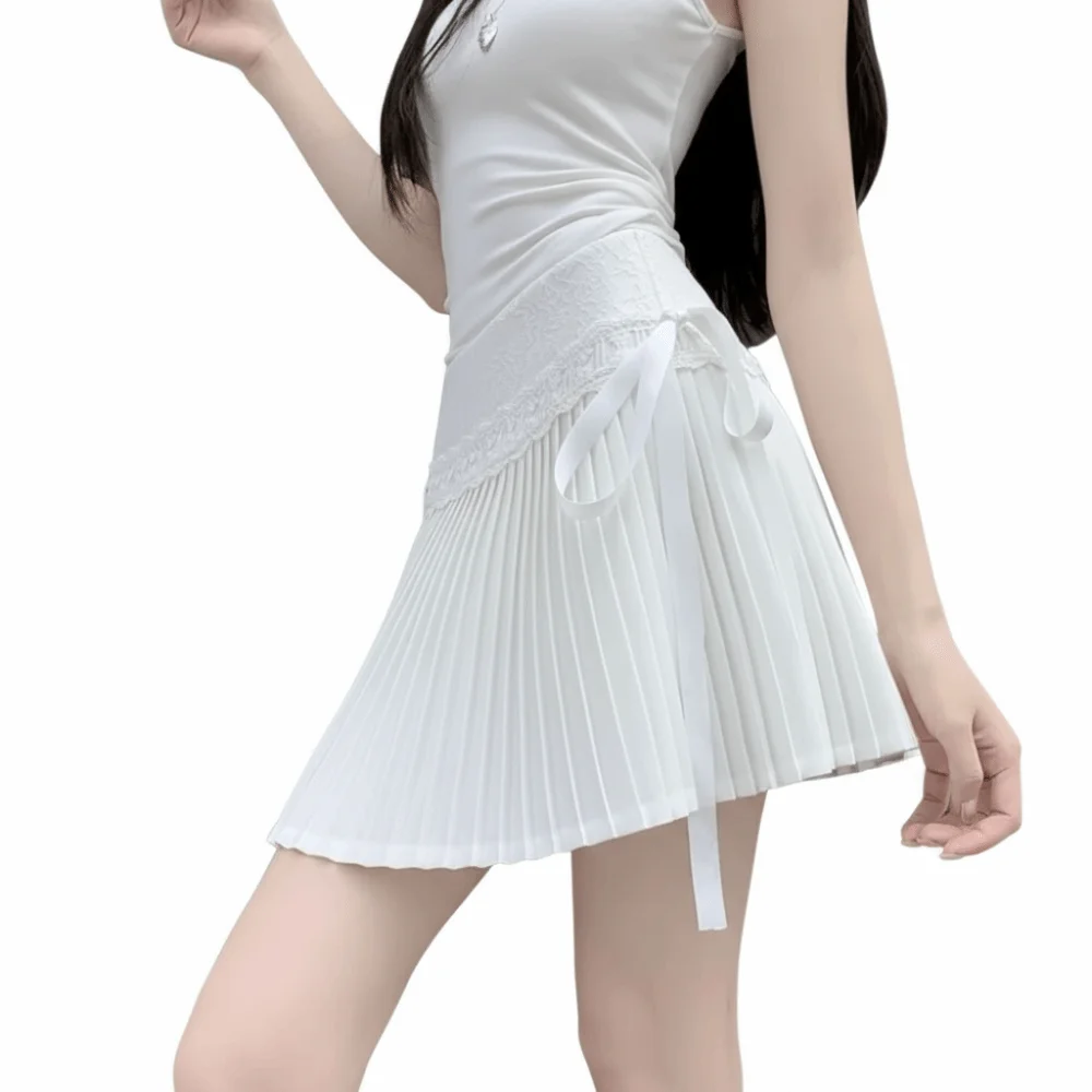 

Белая плиссированная юбка с высокой талией, короткая юбка разных размеров с кружевом и бантом, нежный ветер, милые женские модные аксессуары для девочек