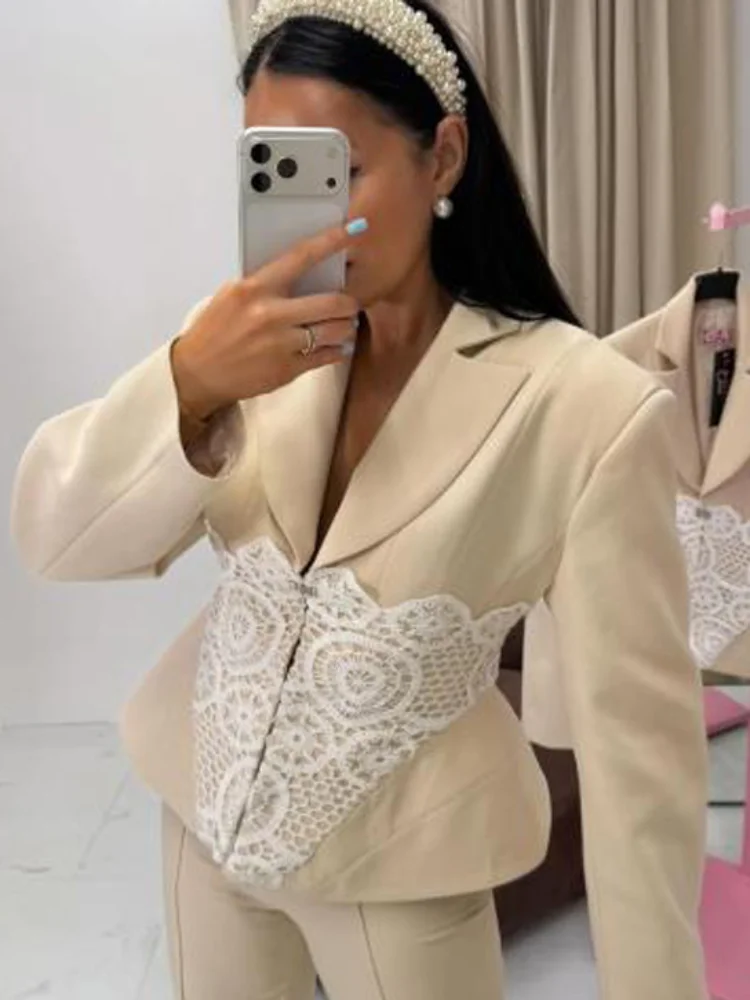 

Lapel Full Sleeve Coat Solid Color Fashion Lace Corset Waist Women Slim Fit Blazer 2026 New Lady Daily Commute Street Outerwear