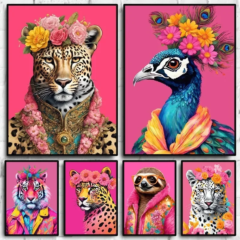 Modern Tropical Floral Pink Animal Poster Leopard Tiger Lion Peacock Sloth Canvas Painting Trendy Wall Art for Room Home Decor