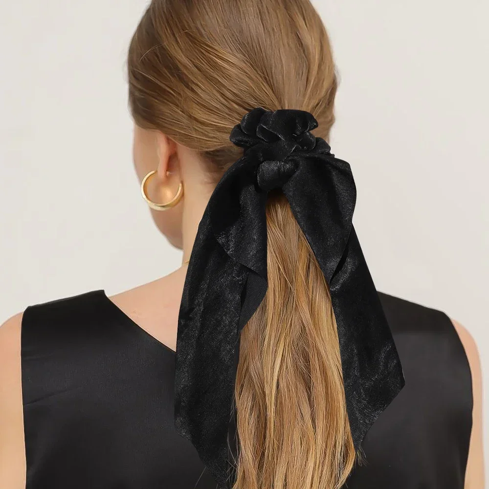 Fashion Solid Color Bow Satin Long Ribbon Ponytail Scarf Hair Tie Scrunchies Women Girls Elastic Hair Bands Hair Accessories