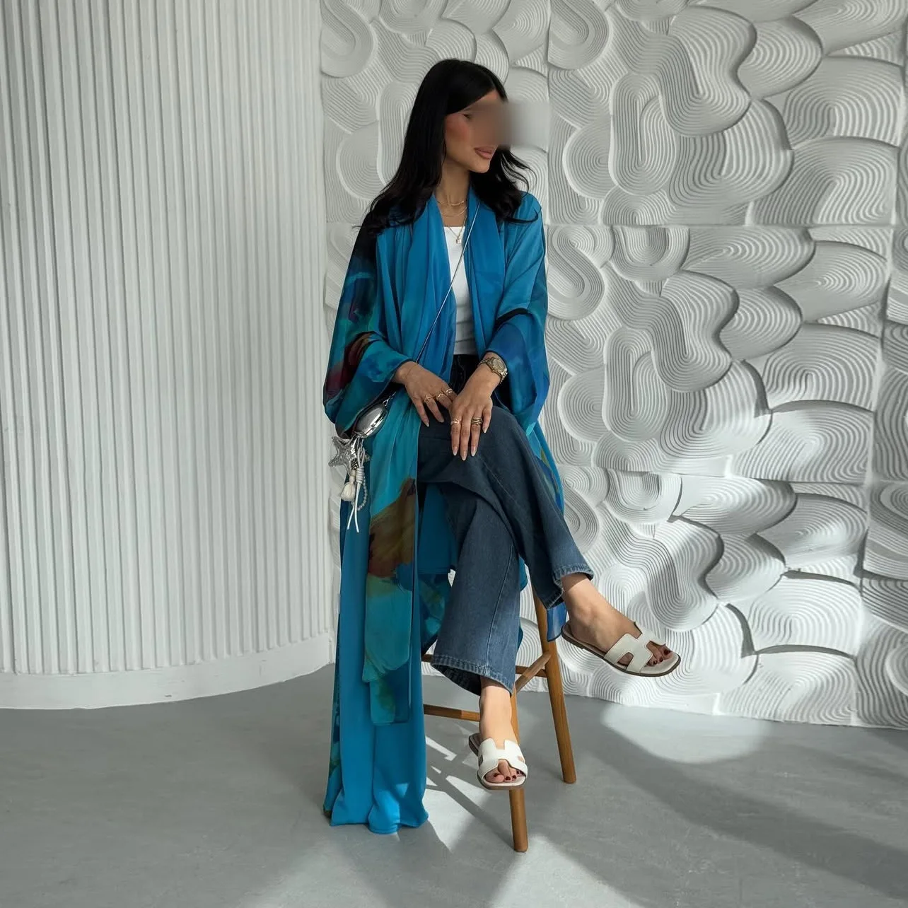 Taille unique Musilm femmes moyen-orient nouveau Cardigan Robe avec foulard deux pièces en mousseline de soie imprimé avec manteau Abaya