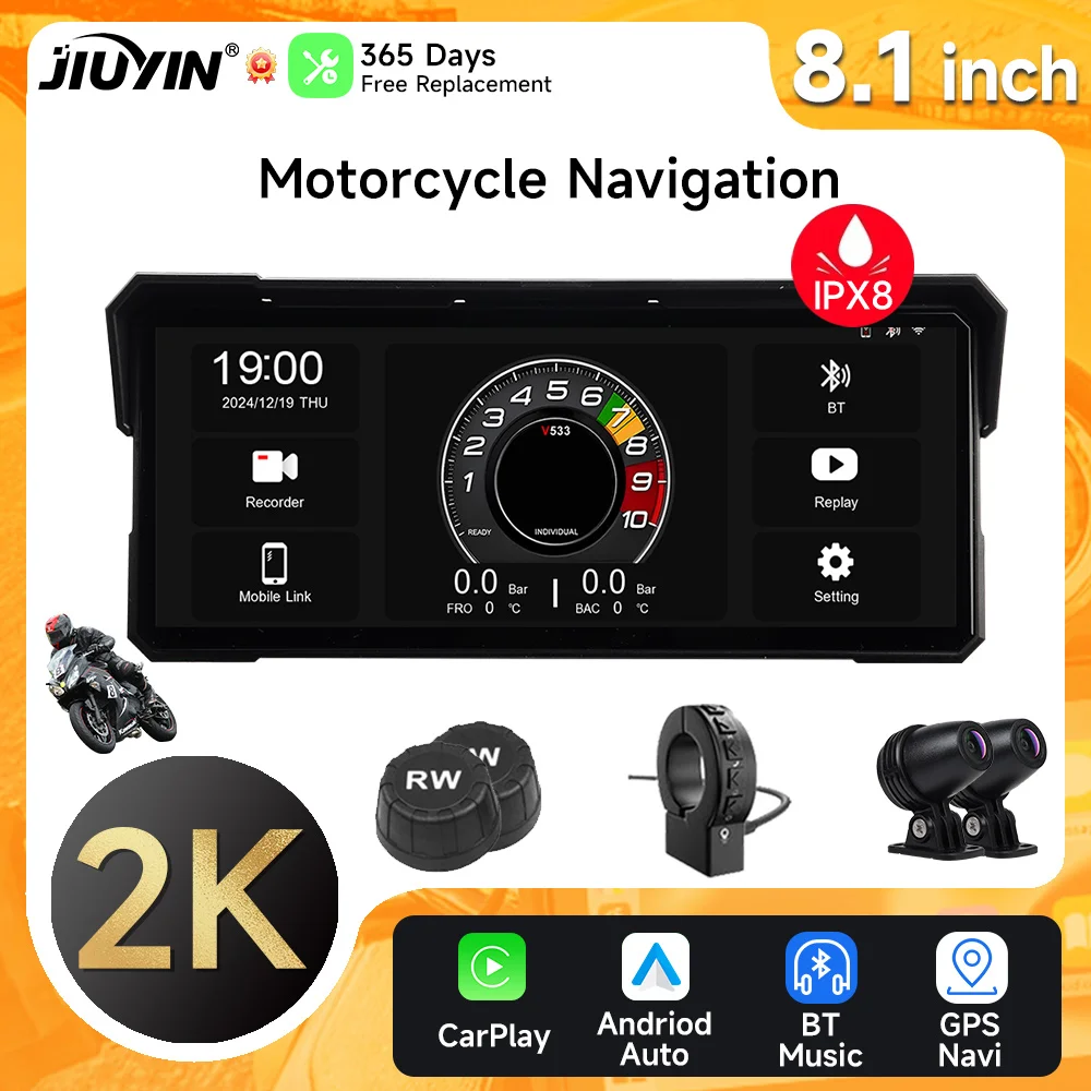 5/8.1 inch IPX8 Waterdichte Motorfiets GPS Navigatie Draadloze Carplay Android Auto 2K DVR Drive Recorder Moto Monitor WIFI