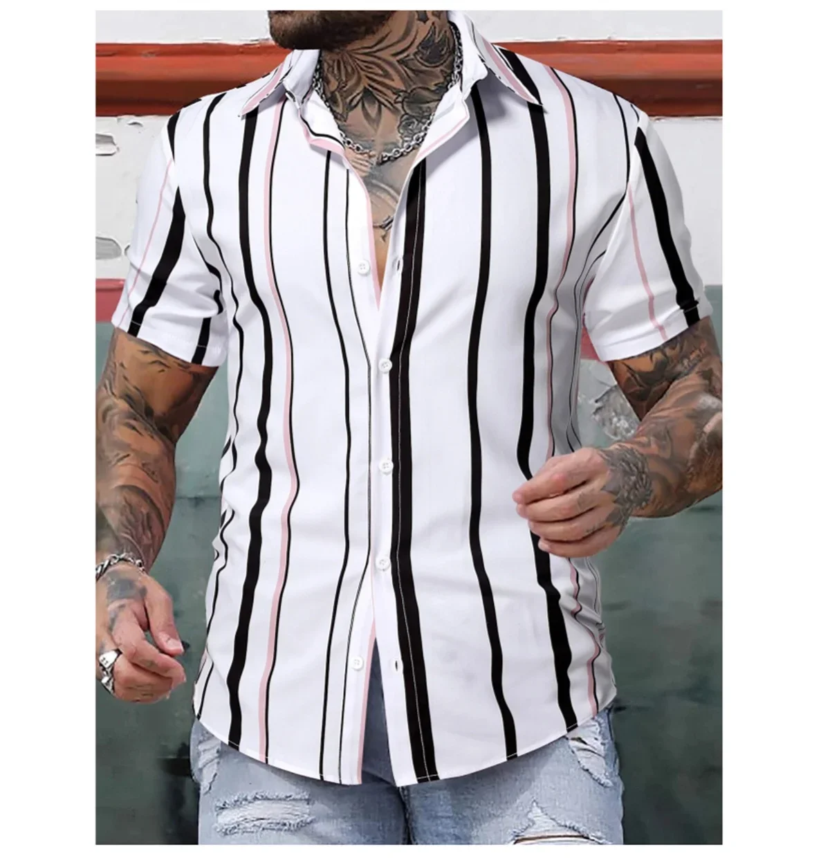 

2024 Hawaiian shirt men's short sleeved striped patchwork lapel shirt summer fashion street high-quality comfortable clothing