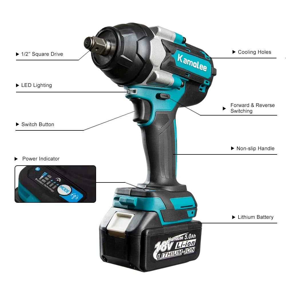 for Kamolee DTW700 1800 N.M Torque Brushless Electric cordless Impact Wrench 1/2 In Lithium-Ion Battery For Makita 18V Battery