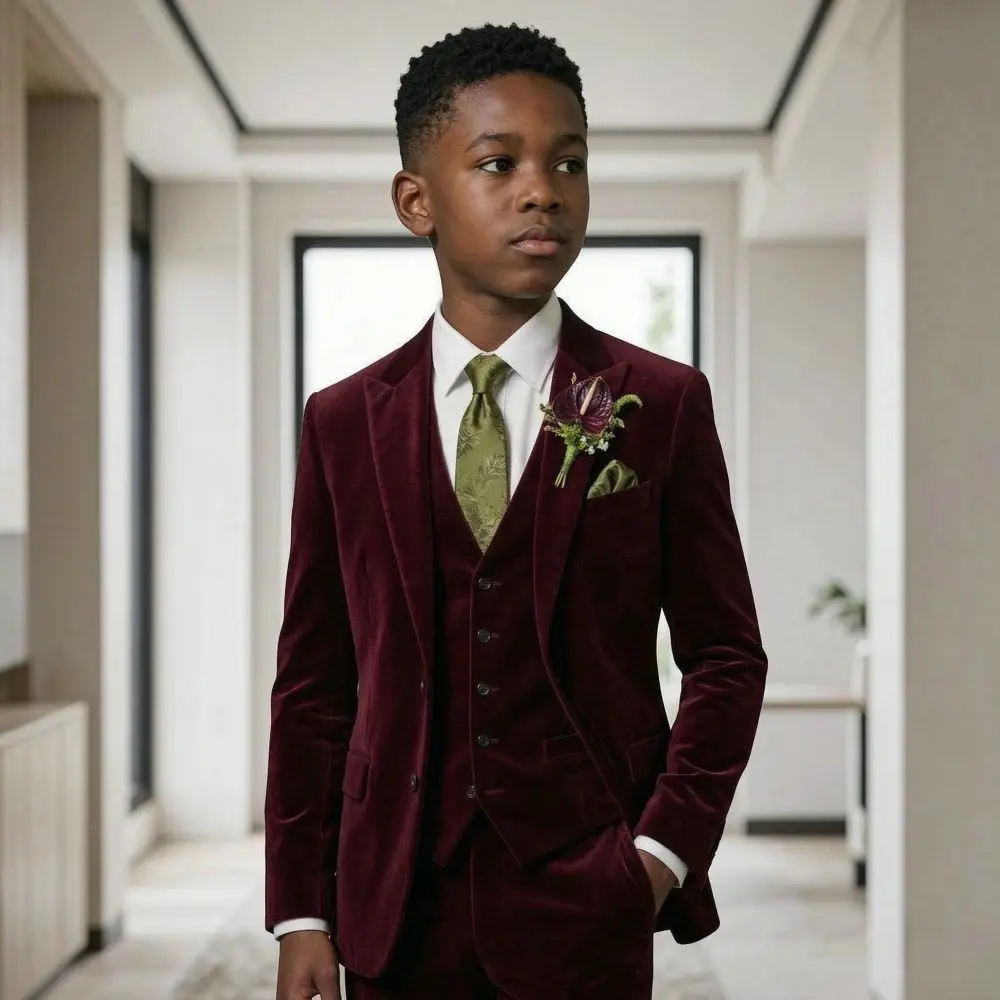 Classic 3 Pieces Child Suits Velvet Wedding Custom Made Slim Fit Bou Tuxedo For Ceremonies Formal Parties Family Celebrations