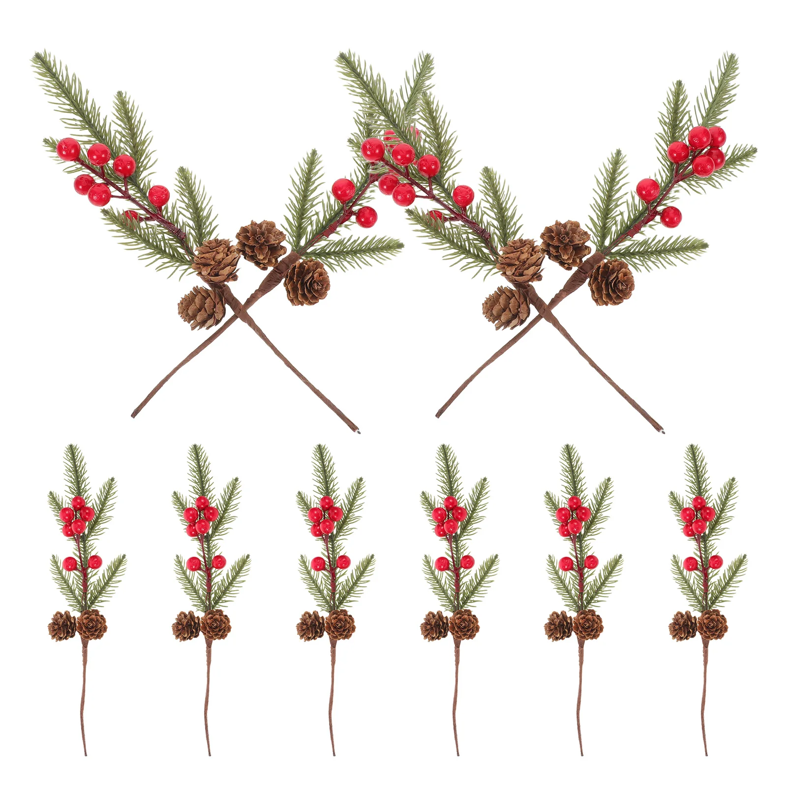 

10 Pcs Simulated Christmas Pine Cones Decor Artificial Green Needles Branches Floral Arrangement Plant Berry Stems Wood