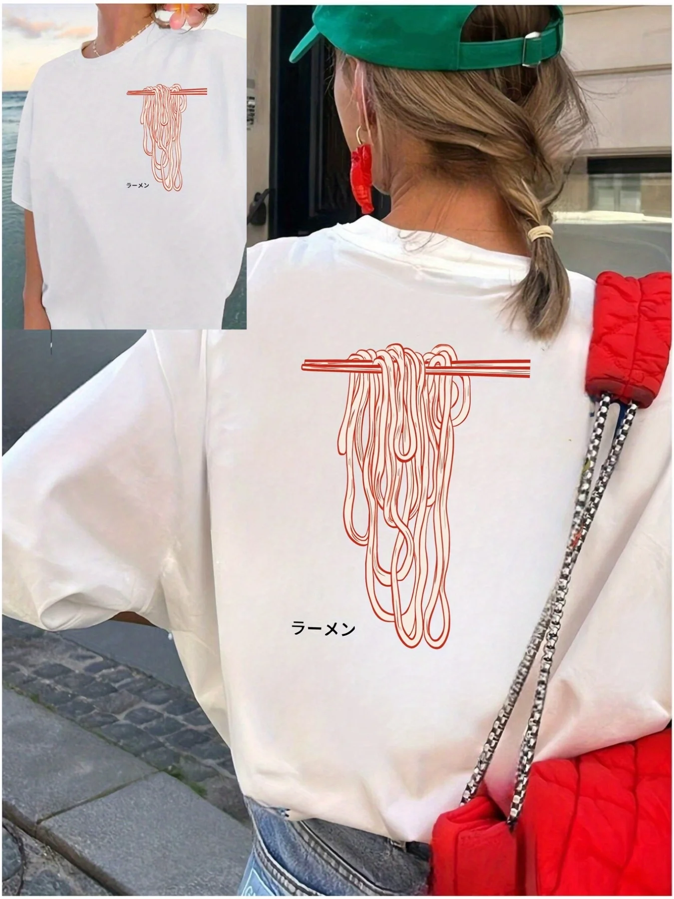 Double Flower Print, Front and Back Print Short Sleeve, Ramen and Food Print Round Neck Women's Casual Short Sleeve Top - Comfortable Fit, Classic Design, Fashionable Item