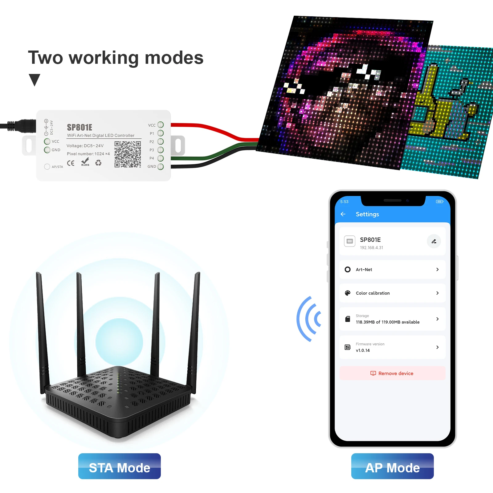 Imagem -04 - Módulo de Painel Matriz Led com Controle sem Fio Sp801e Wi-fi Art-net Controlador Led Mágico Ws2812b Ws2811 Faixa de Luz Ios Android dc 524v