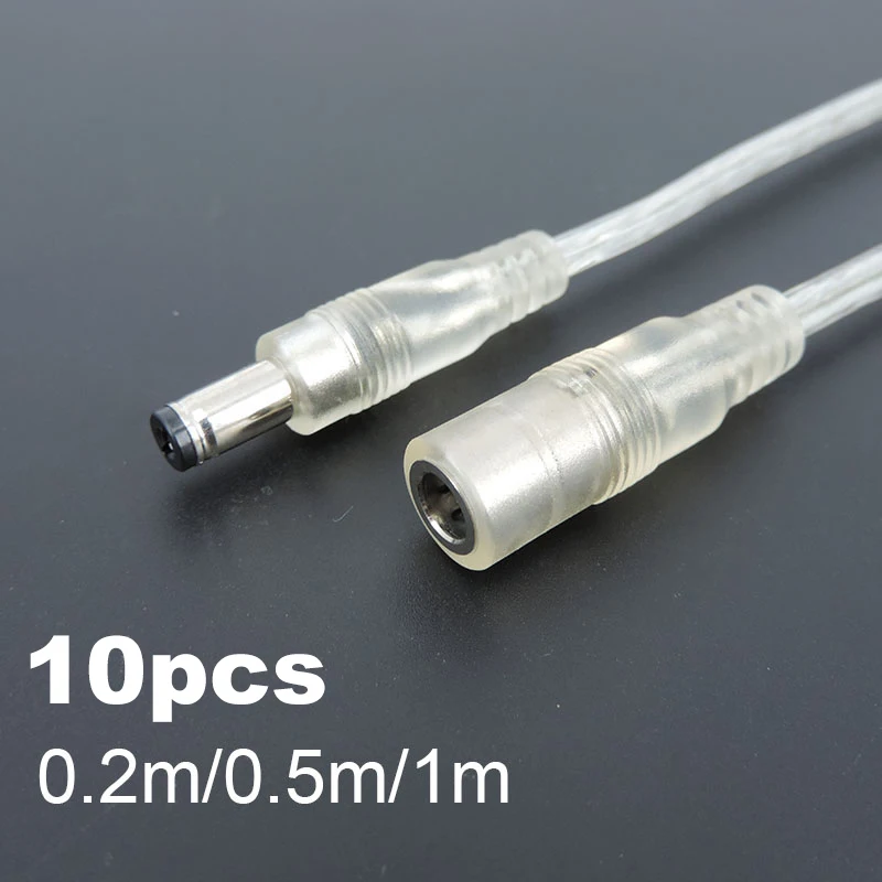 Adaptador de corriente de CC macho hembra transparente, 10 piezas, Cable Pigtail de 5,5x2,1mm, conector Jack de 12V, Cable de extensión para tira de