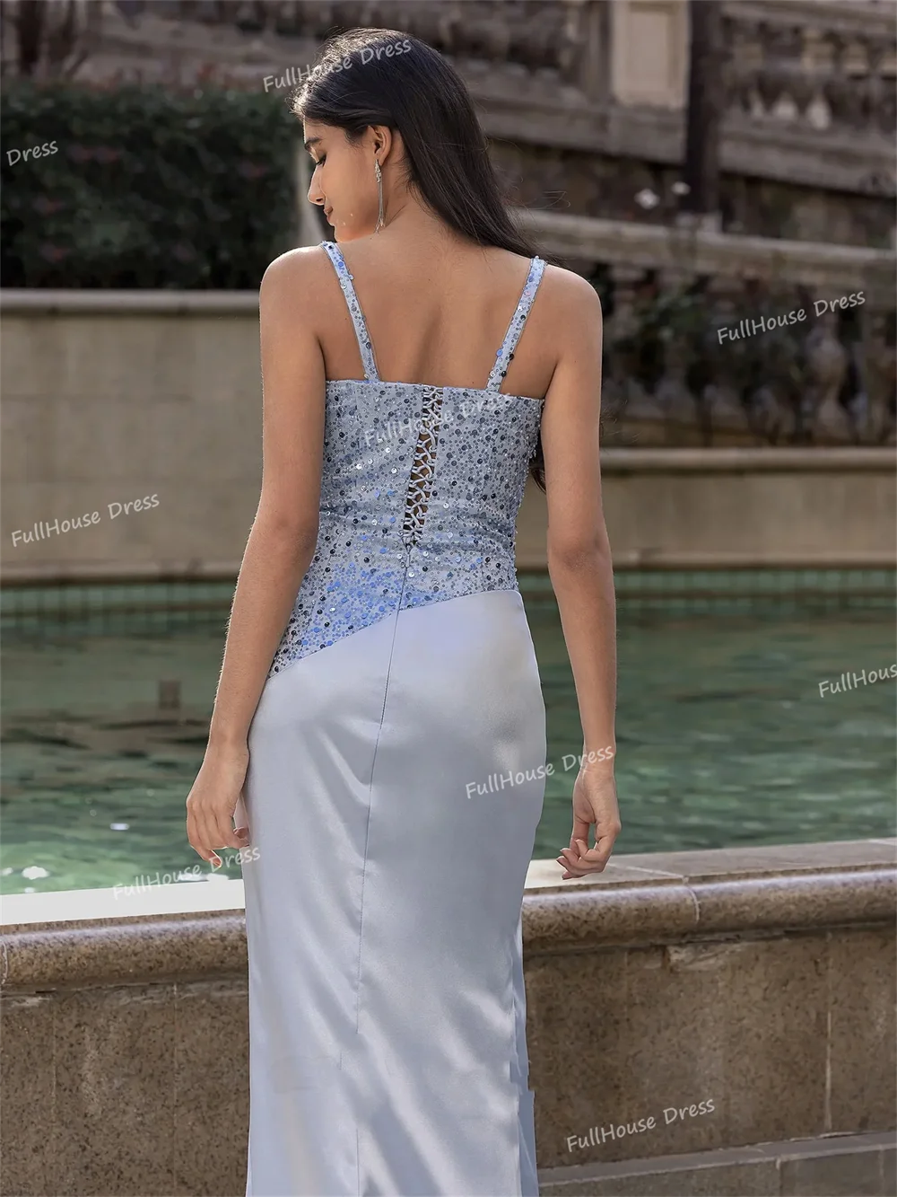 Custom Made Spaghetti Straps Pleated Sequins Evening Gown Sexy Mermaid Lace up Back Side Split Party Dress with Train