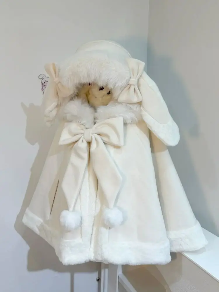 Coalfell Invierno Nueva capa de lana con orejas de conejo suave, dulce y linda, chaqueta con capucha con lazo suelta y reductora de edad