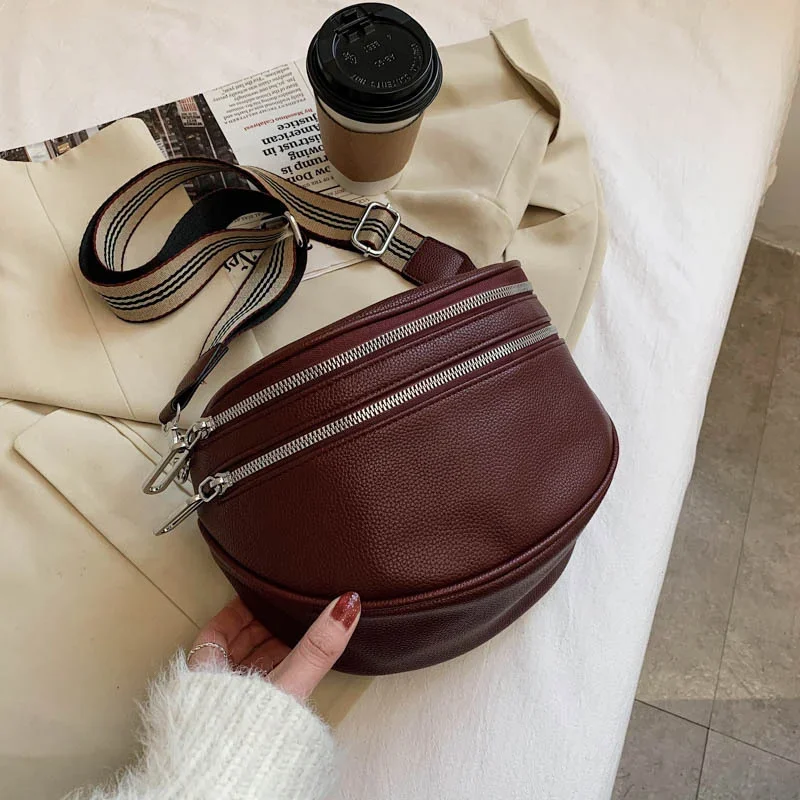 Elegant Solid Colour PU Leather Waist Bags For Women Double Zippers Design Waist Pack Female Fanny Pack Wide Strap Crossbody Bag