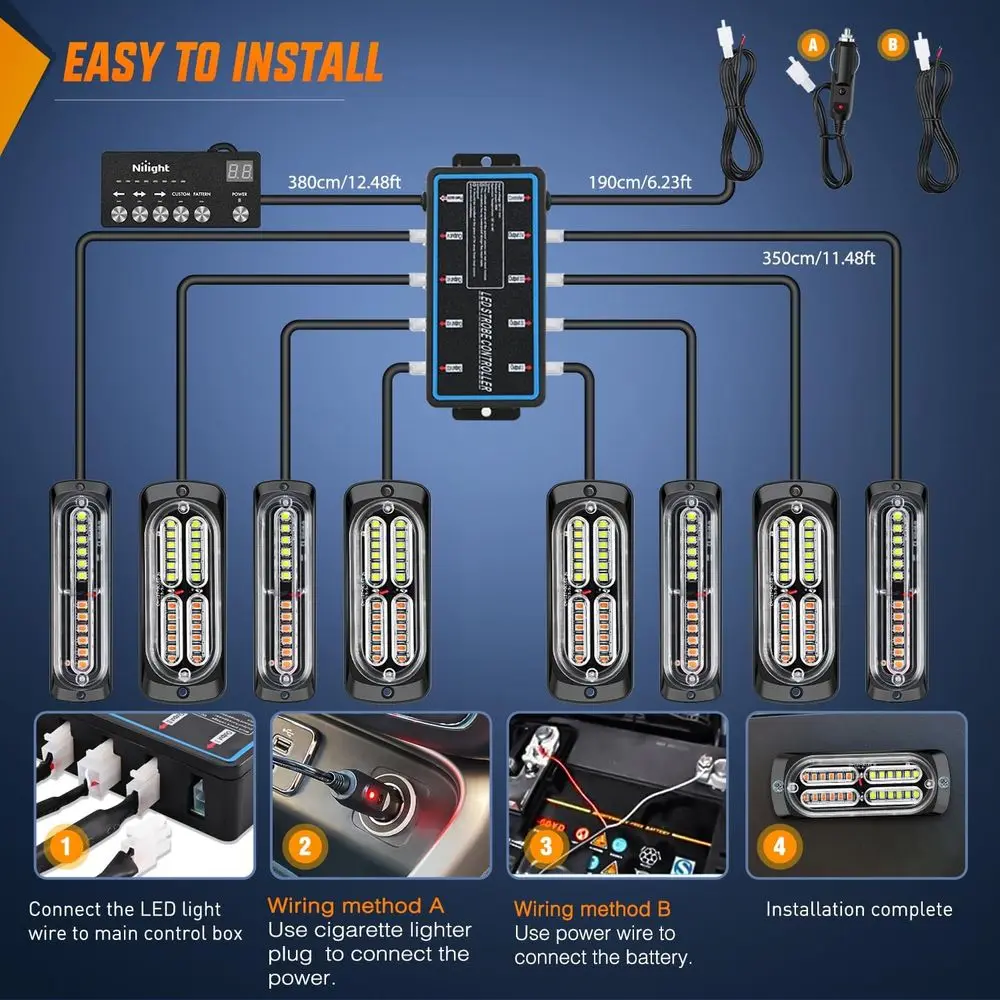 مصابيح ستروب LED متزامنة باللونين الكهرماني والأبيض 12 فولت مع 1224 مصباح LED، وحدة تحكم، ضمان لمدة عامين للمركبات