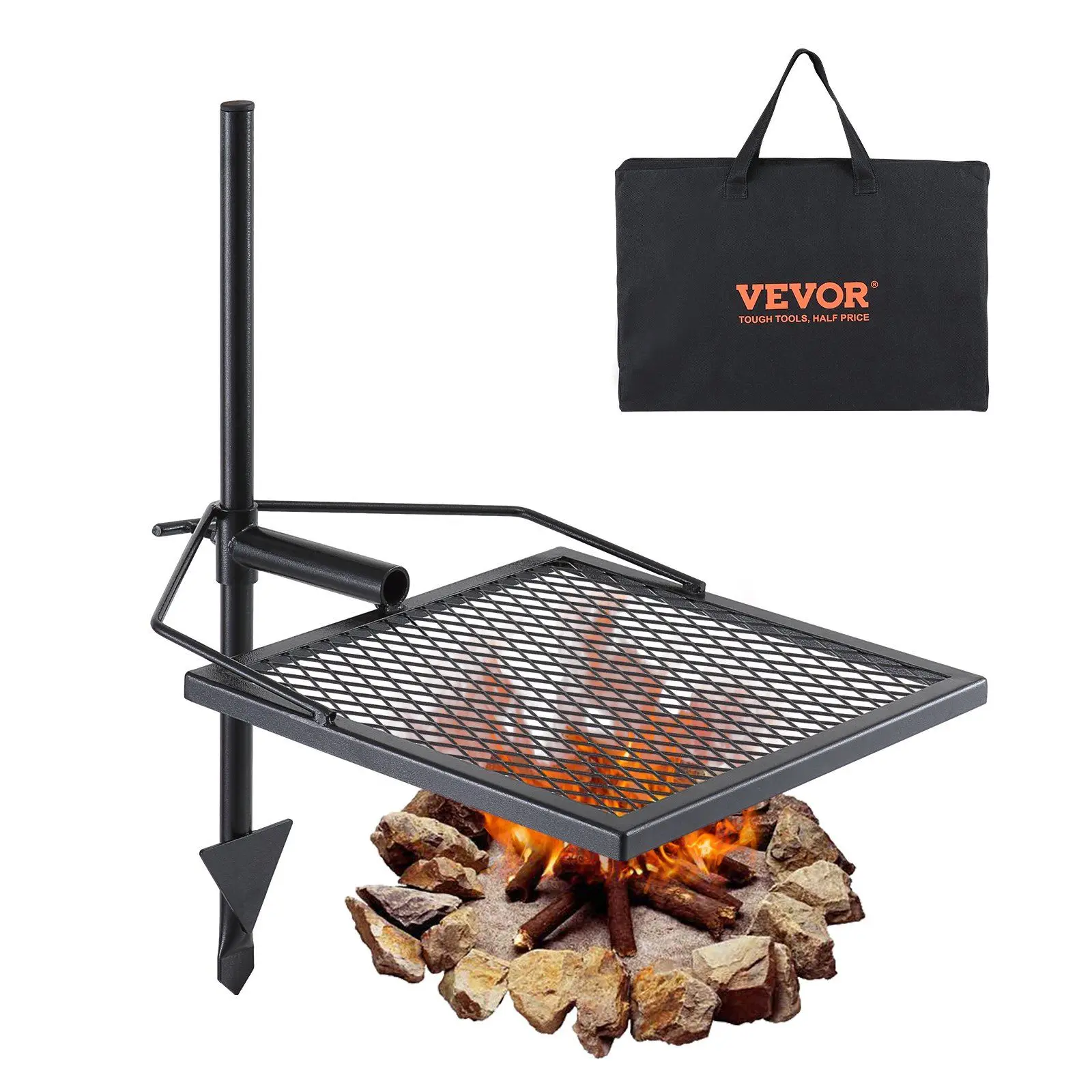 

360° Swivel Campfire Grill Grate, Heavy Duty Steel Adjustable Fire Pit Grill for Outdoor Cooking, Portable BBQ Rack for Camping