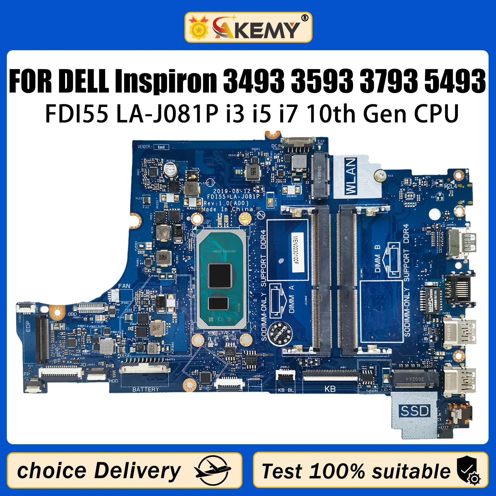 

AKEMY FDI55 LA-J081P For Dell 3493 3593 559 5770 Notebook Mainboard i3-1005G1 i5 i7-1065G7 CPU 052X6W 004C38 Laptop Motherboard