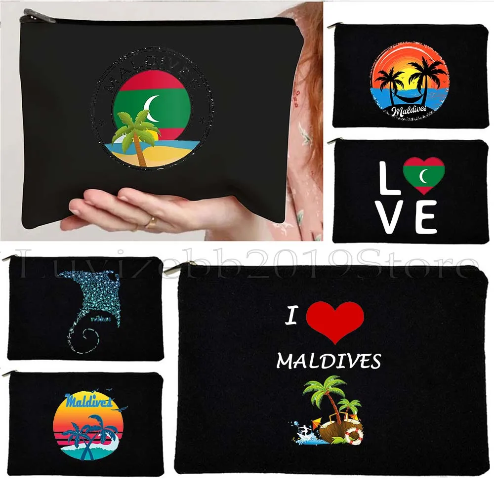Vintage Maldives Maldivian Flag Love Heart Retro Summer Beach Holiday Sunset Gifts Canvas Cosmetic Makeup Bag Pencil Case Pouch