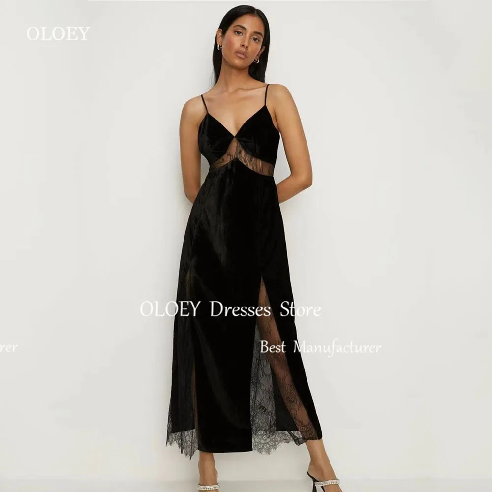 OLOEY-vestido de baile sem costas, laço longo chá, decote em v, vestido de casamento, vestido de festa, preto