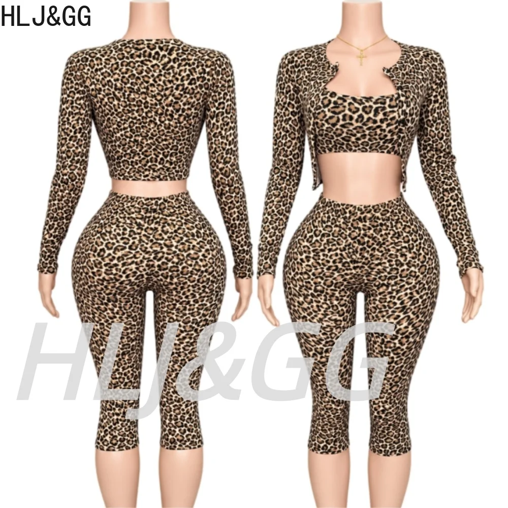 HLJ&GG Women 3 Piece Leopard Outfit Set Cami Crop Top Long Sleeve Cropped Cardigan High Waist Capri Pants Casual Y2K Streetwear