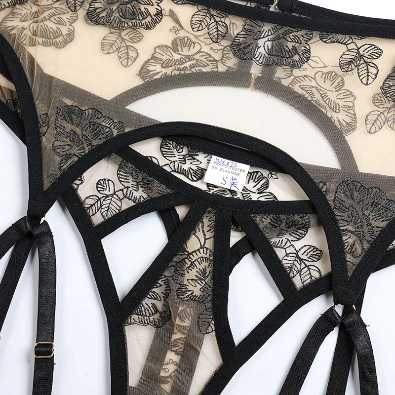 Conjunto de Lencería Sexy de 3 piezas para mujer, ropa interior transparente bordada, conjunto de encaje de lujo, Lencería Sexy para mujer