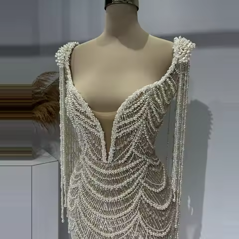 Luxury Champagne Full Pearl Mermaid Evening Dress Pearl Tassels Sequins Beaded Prom Dress Side Slit Celebrity Dress Customized