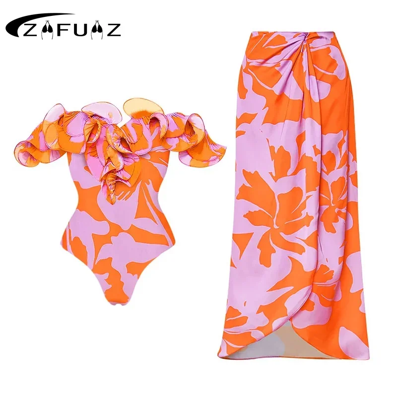 

ZAFUAZ New 2023 Bikini Ruffled Bikini Set Women 3D Flower High Waist One Piece Swimsuit Beach Skirt BathingSuit Swimwear Biquini