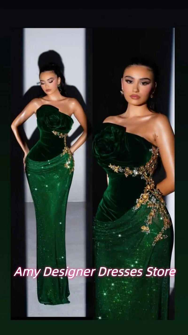 ชุดราตรีหรูหราสีมรกตแบบไร้สาย ประดับลูกปัดอย่างประณีต ผ้ากำมะหยี่ทรงเมอร์เมดยาว สำหรับงานปาร์ตี้ ผู้หญิง สั่งตัดได้ ชุดราตรีงานพรอมปี 2025