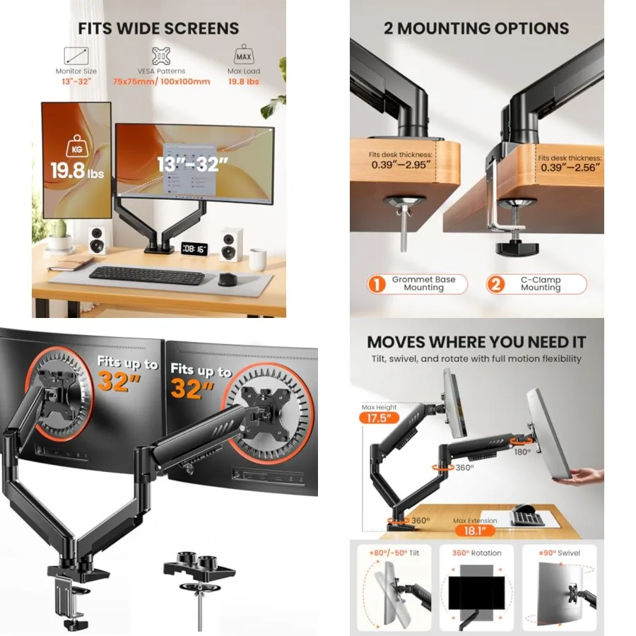 Dual Monitor Arm, Full Adjustable Monitor Mount for 1332 Screens, Fast Install Computer Monitor Stand with Tool-Free VESA Mount, Max Load 19.8 lbs, Max VESA 100x100mm