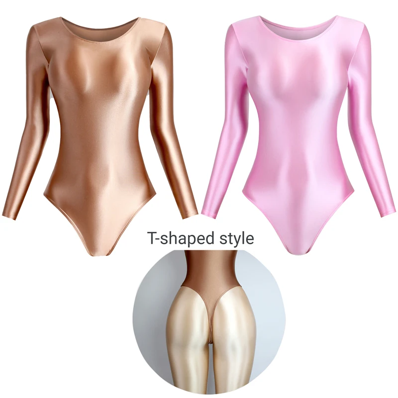 sexy women silky glossy one-piece japanese swimsuit oily tights Shiny Thongs high fork long sleeves bodysuit Men bathing suits